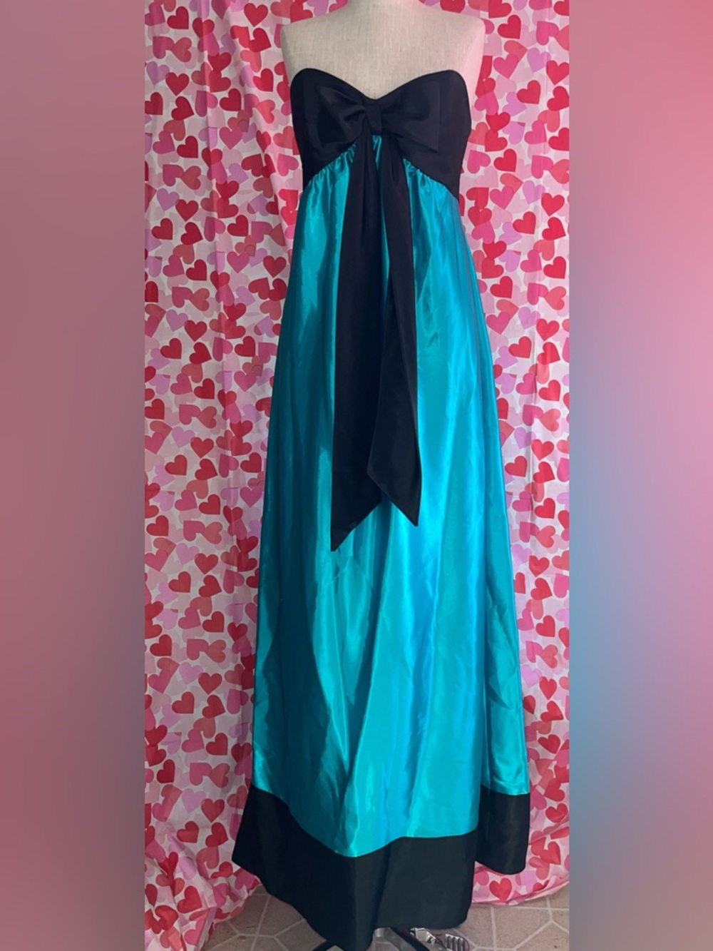 Jessica McClintock 90s Teal Satin Maxi Skirt with Black Bodice/Bow/Hem